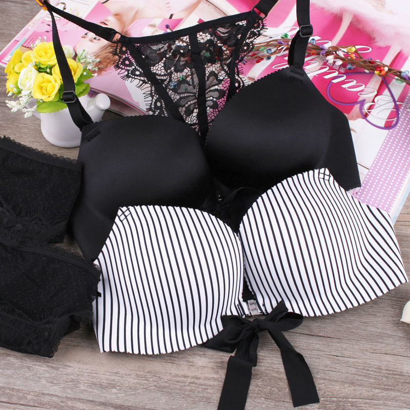 Sexy front buckle rimless bra gathered without trace One-piece bra hollow lace beauty back Women's underwear set