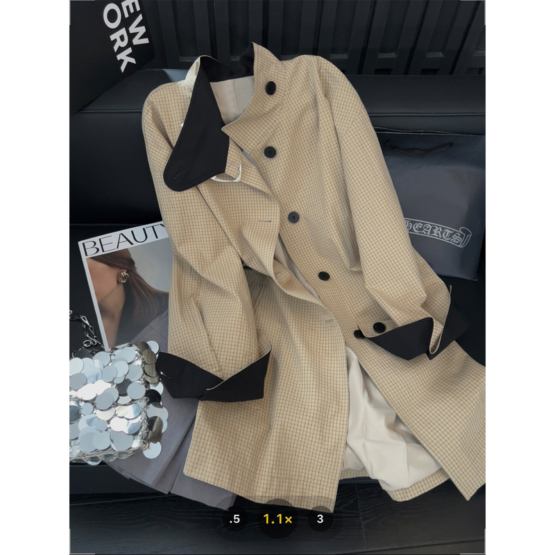 Contrast Color Plaid Trench Coat for Women, Elegant Stand-Up Collar, High-End Feel, 2025 Autumn New Mid-Length Jacket Coat