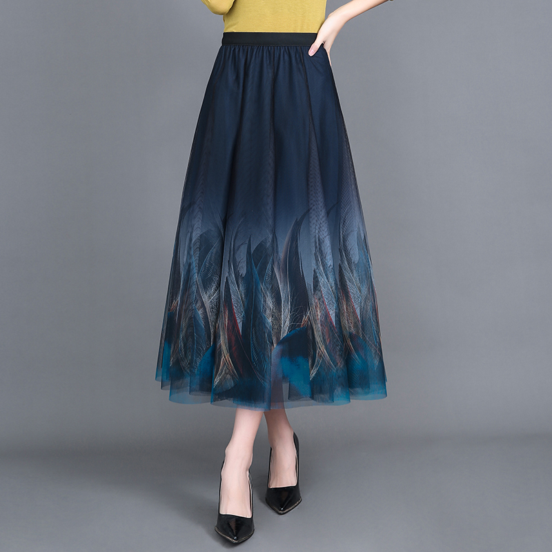 New Printed Feather Gauze Skirt for Women, Long Skirt, Spring New Fashion Gradient Color Large Hem Gauze Skirt, Pleated Skirt