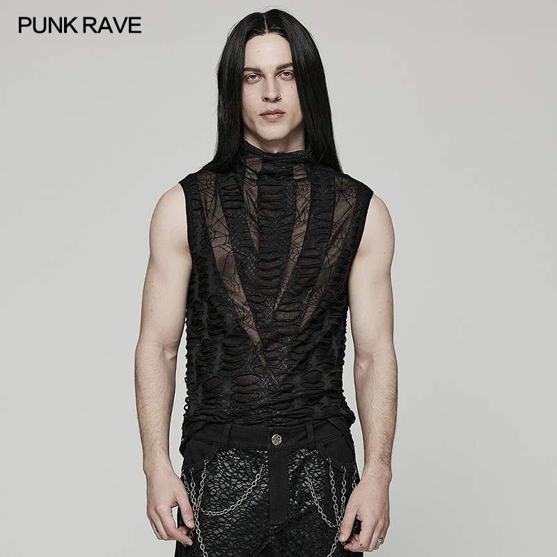 *Small Subculture Punk Rave Pr Punk State of Mind Men's Clothing Goth Distressed Split Spider Web Vest