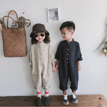 Autumn Childrens cotton linen panty pants male and female Korean version cotton linen pure color long sleeve one-piece pants male and female child sex