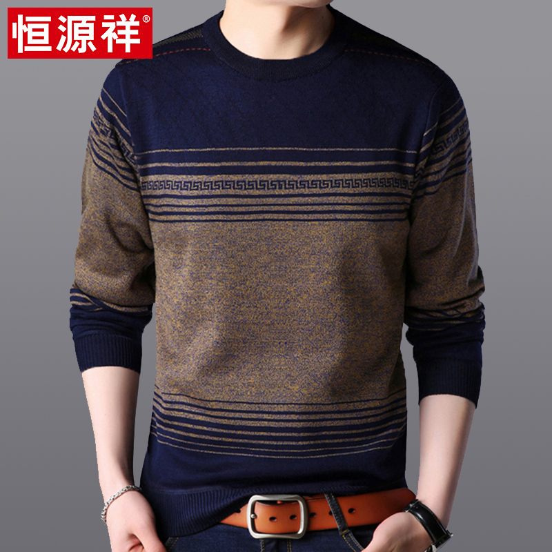 Hengyuan Xiangqiu Winter middle-aged man long sleeve T-shirt round neckline plus suede thick knit bottom-shirt daddy dress warm blouse