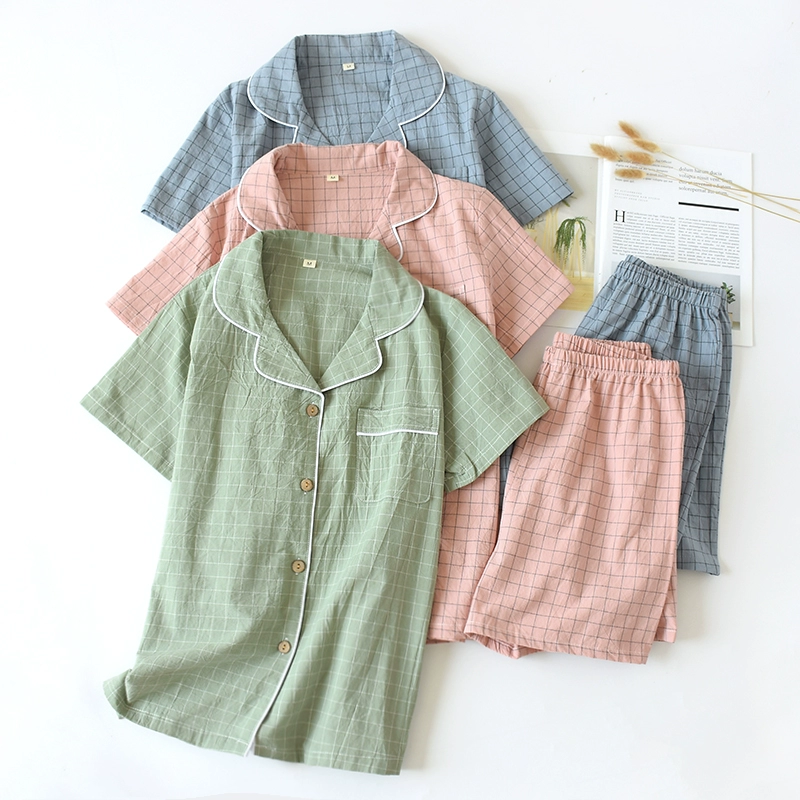 Cặp vợ chồng mùa hè cotton nam và nữ kẻ sọc ngắn tay quần short pijama cotton gạc đôi mùa hè phù hợp với gia đình phụ nữ - Giống cái