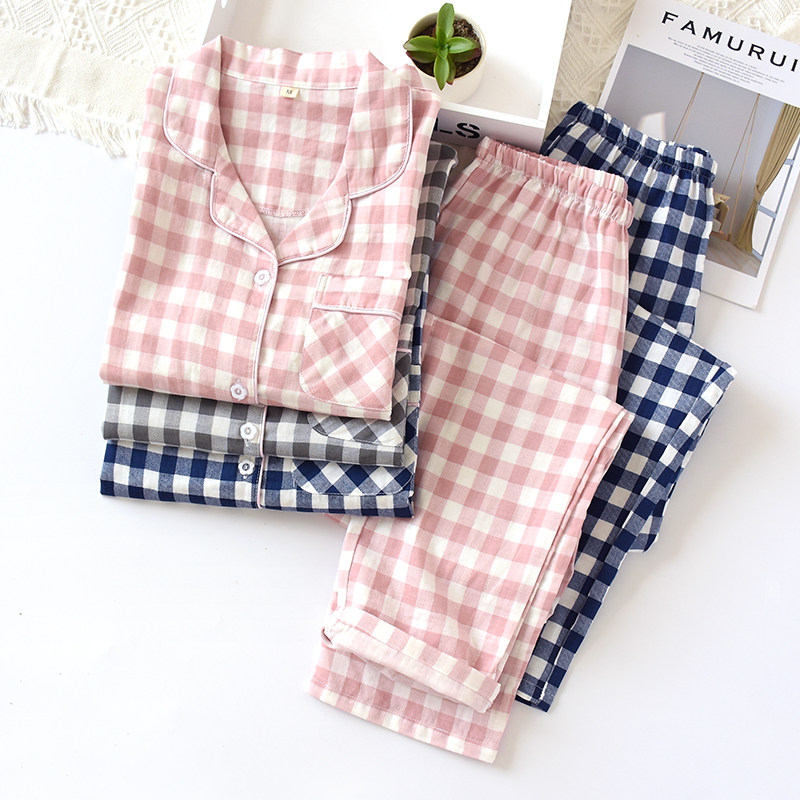 Spring and Autumn Lovers Pure Cotton Double Layer Gauze Day Style Summer Thin style Long sleeves Men and women All cotton Home Sleeping Suit Pants Set of women