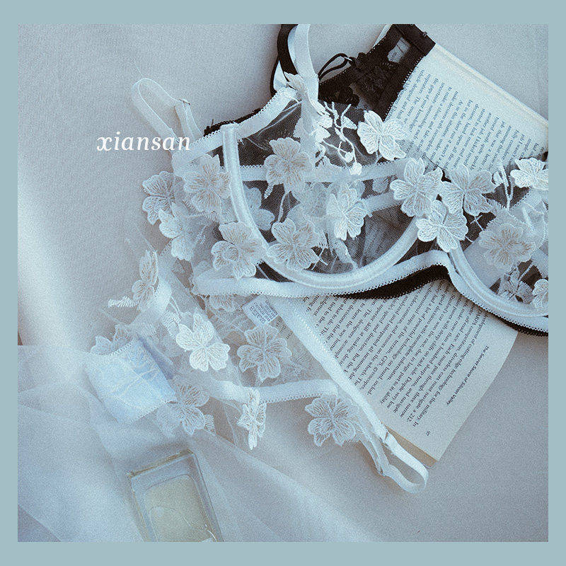 ins water soluble hollowed-out embroidery method lingerie light lavish steel ring on extra slim cup embroidered bra girl lingerie suit