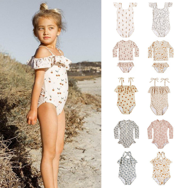 Nordic girl swimsuit long sleeve small flower children's conjoined INS Wind pink baby baby girl catwalk swimsuit