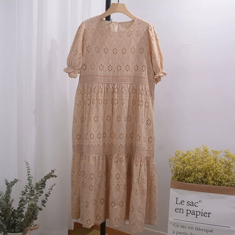 Pháp thanh lịch nặng thêu rỗng hai lớp váy dài Xia Xin váy Puff tay áo ren khâu bánh váy - Sản phẩm HOT