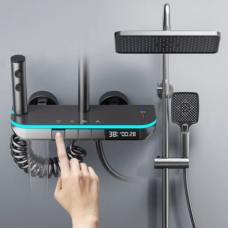 German Quality Shower Set for Home Use, Copper Hot and Cold Digital Display Water-Plated Gray Trendy Piano Showerhead German Quality Shower Set for Home Use, Copper Hot and Cold Digital Display Water-Plated Gray Trendy Piano Showerhead