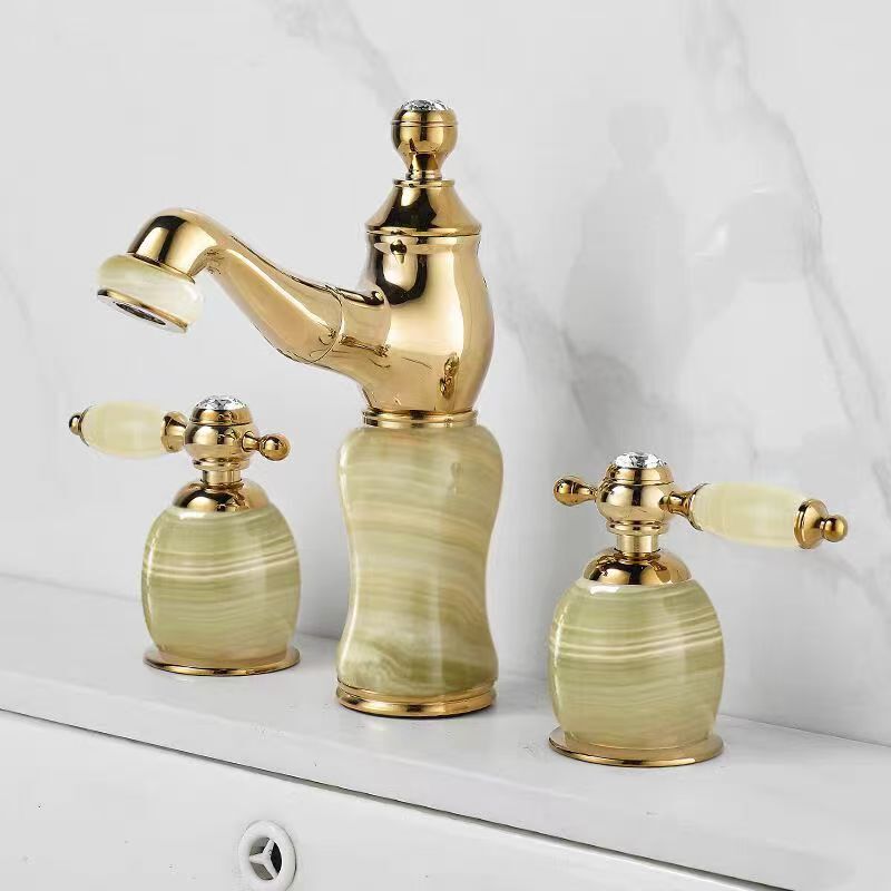 All-Copper Natural Jade Three-Hole Hot and Cold Water Faucet with Separate Marble Basin, Golden Color with Spray Head, European-Style Faucet