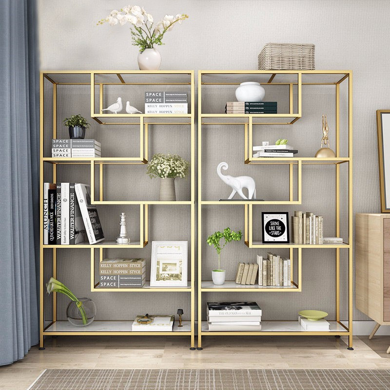 Nordic floor-to-ceiling light luxury bookshelf marble simple living room compartment display display shelf golden iron art rack