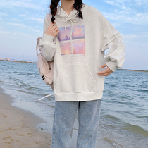 Original Twilight hand painting Sesame gray Japanese loose hooded sweatshirt thin coat women Autumn
