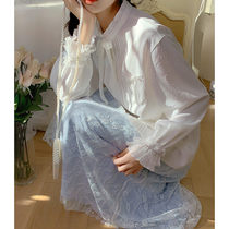 Cloth sauce original white design sense organ pleated wooden ear lace long sleeve collar shirt female 21 year Autumn New