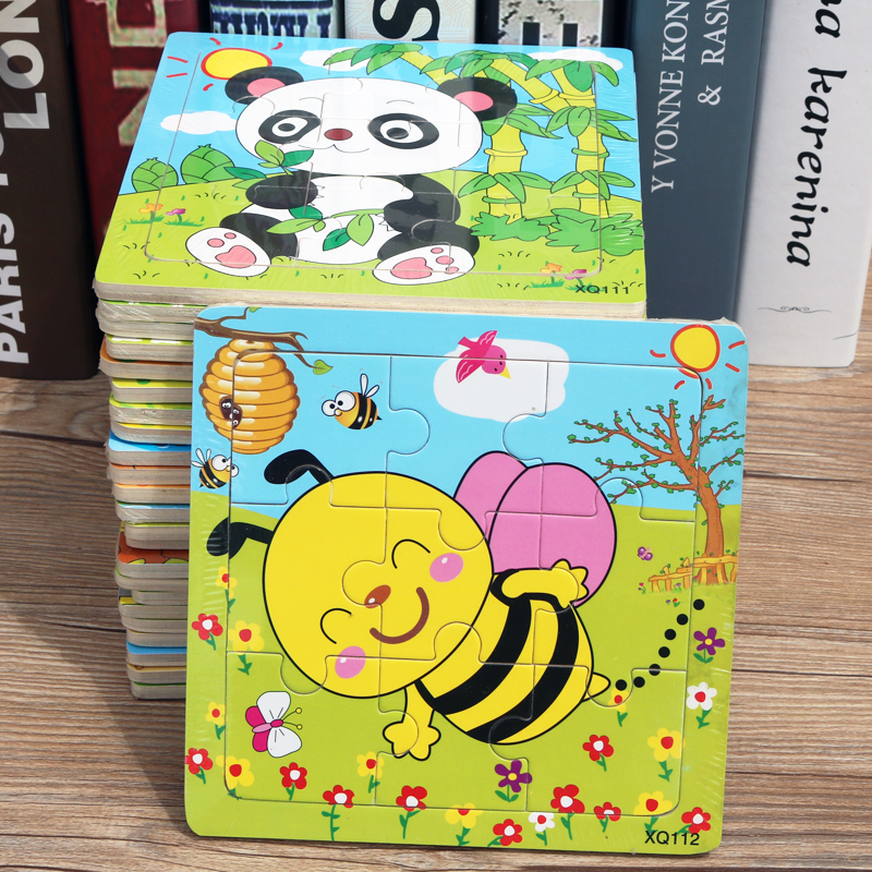 Early education jigsaw puzzle toy boys and girls nine pieces of building blocks young children intelligence development wooden cartoon animal panels