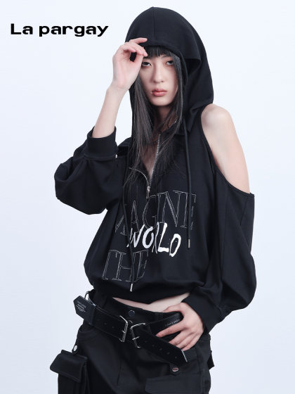 纳帕佳酷感套头长袖连帽卫衣2025春季新款女式黑色休闲设计感上衣