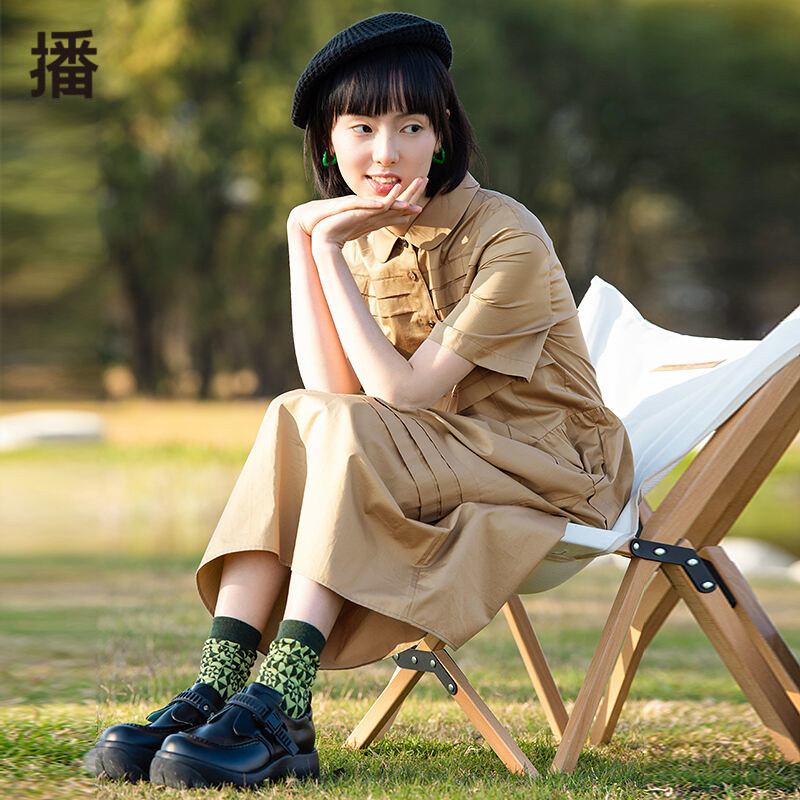 Podcast 2022 Summer new rounded corners Turned Collar Cramps Splicing Quilted Short Sleeve Shirt Foreign Dress Women DDP2LD4128