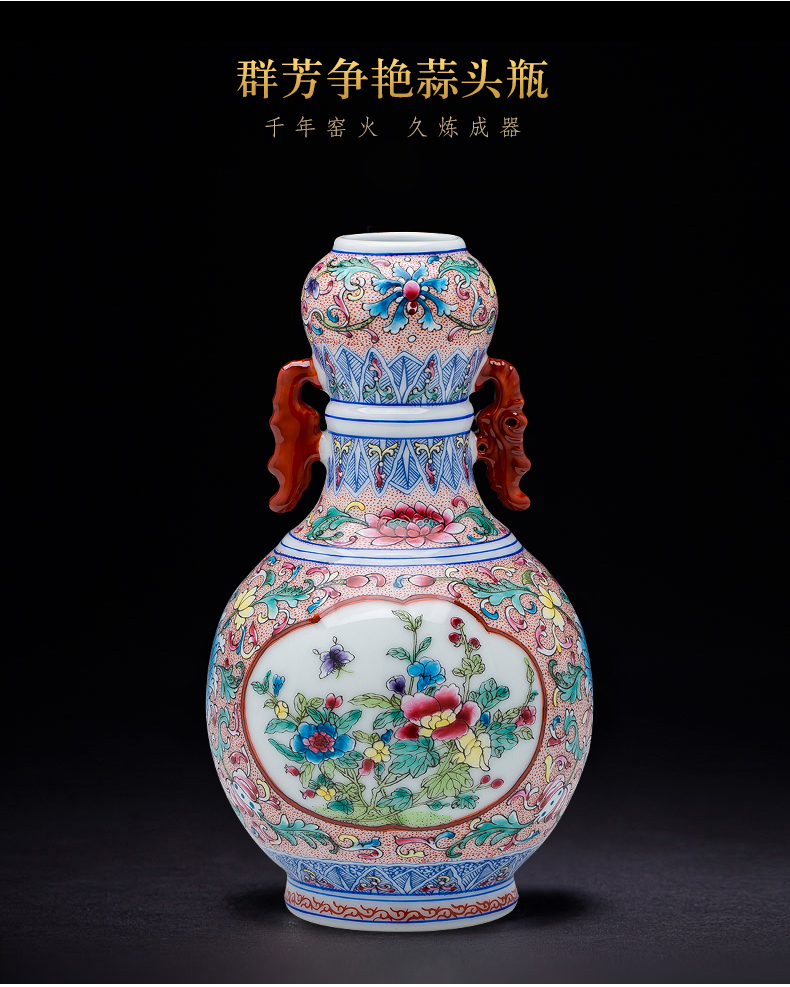 Jingdezhen ceramics antique hand - made colored enamel vase retro flower arrangement sitting room adornment of Chinese style household furnishing articles