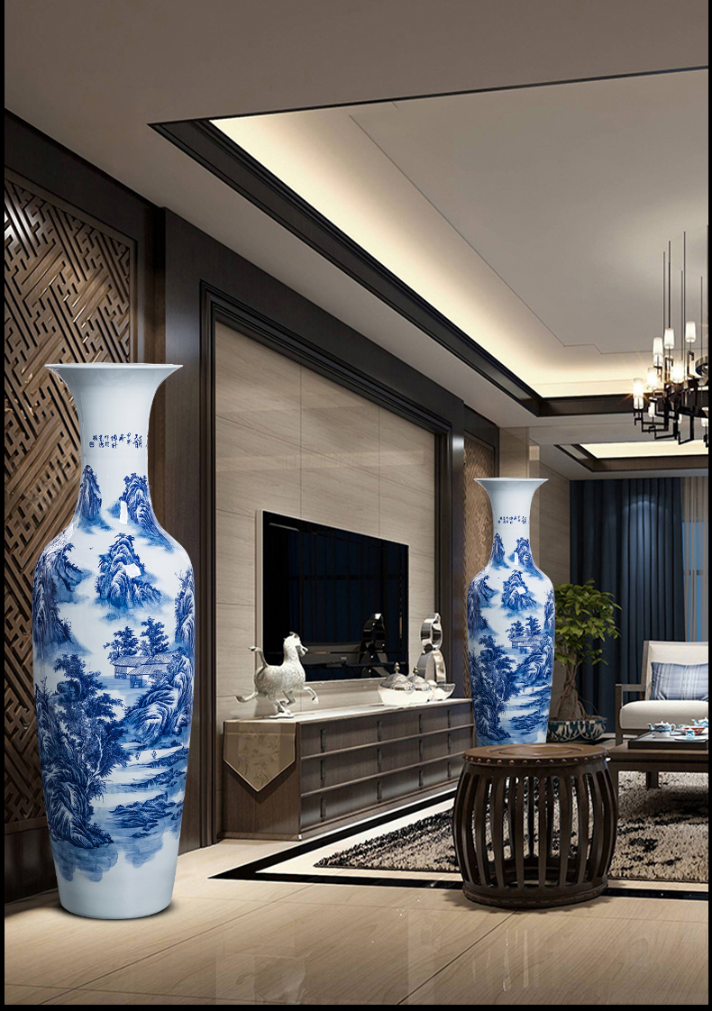 Jingdezhen ceramics oversized hand - made of blue and white porcelain vase household living room decoration to the hotel to the open ground furnishing articles