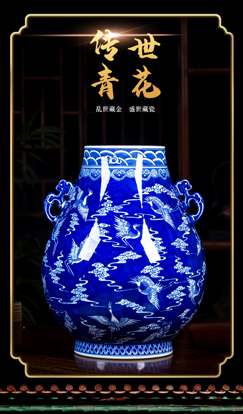 Jingdezhen ceramics hand - made porcelain of archaize ears of blue and white porcelain vase decoration of Chinese style porch place crafts