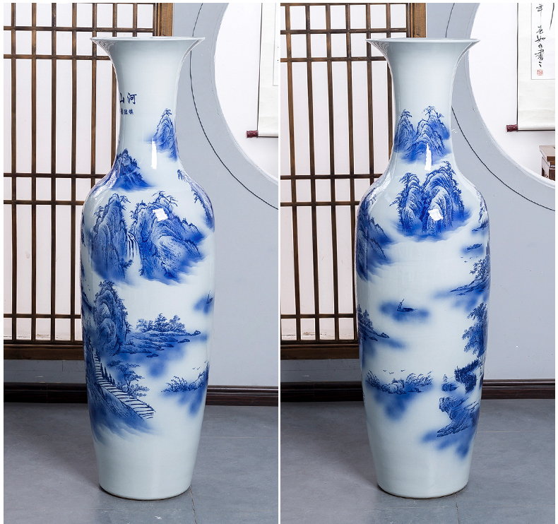 Blue and white porcelain of jingdezhen ceramics color ink large ground vase sitting room home furnishing articles furnishing articles hotel