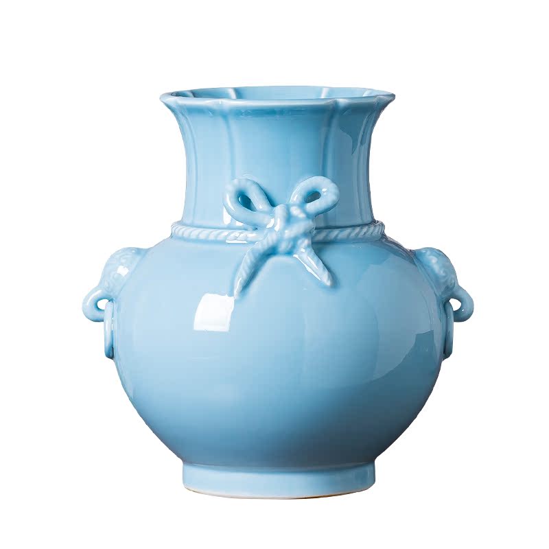 Jingdezhen ceramics azure glaze antique vase carved Chinese style restoring ancient ways home wine sitting room adornment is placed