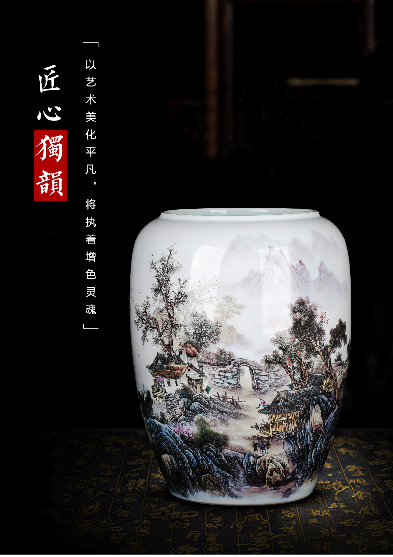 Large landscape of jingdezhen ceramics vase landed straight cylinder furnishing articles of Chinese style of calligraphy and painting home sitting room adornment