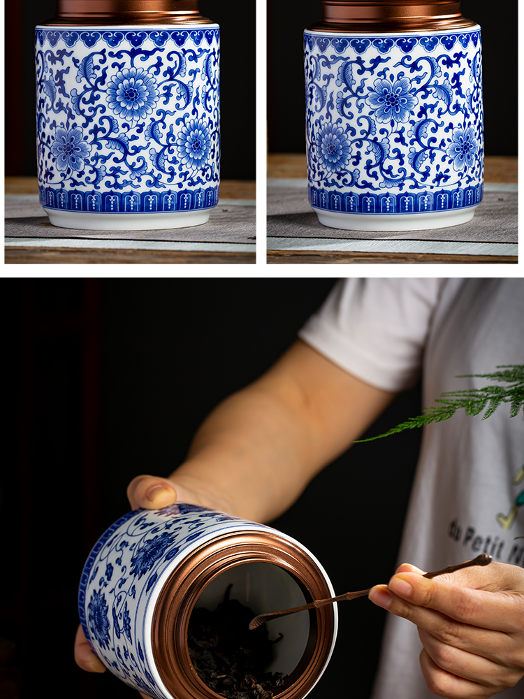 Blue and white half jins of jingdezhen ceramics with caddy fixings household of Chinese style loose tea and tea moisture proof seal storage tank