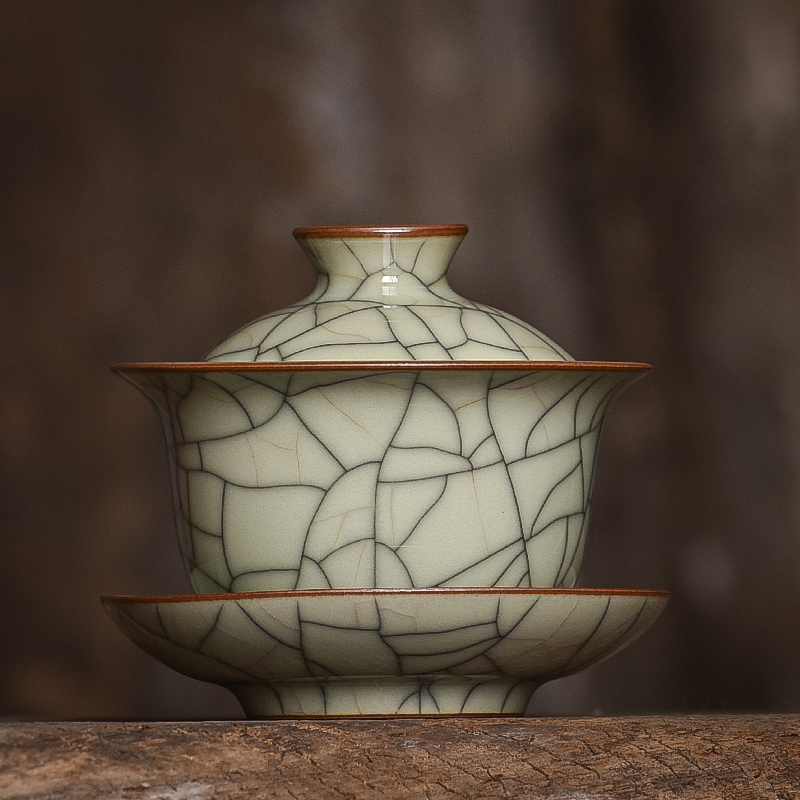Longquan San Co-covered a cup of cup single ceramic bronze kiln pure hand-made ice crack can foster tea bowl household high end