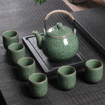 Ceramic teapot large capacity retro Cold kettle cup set home Longquan celadon large girder pot kung fu tea set