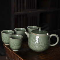 Longquan a pot of four cups celadon kung fu teapot tea cup set ceramic handmade carved cinnabar tire tea set home