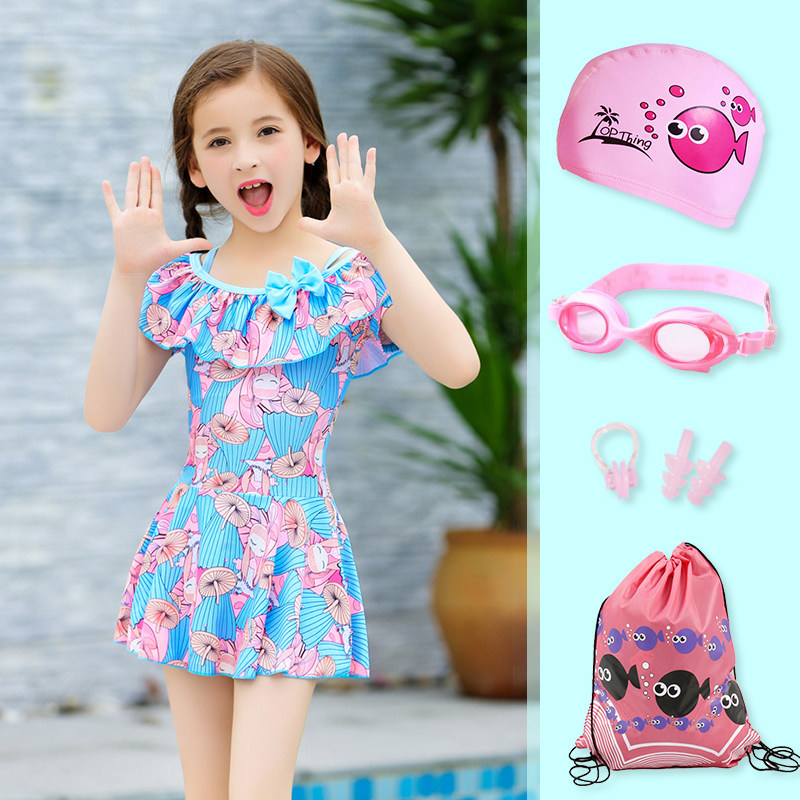 Girls Swimsuit Mid-size Child One-piece skirt style Student two-piece flat angle swimsuit Princess cute children swimsuit girl