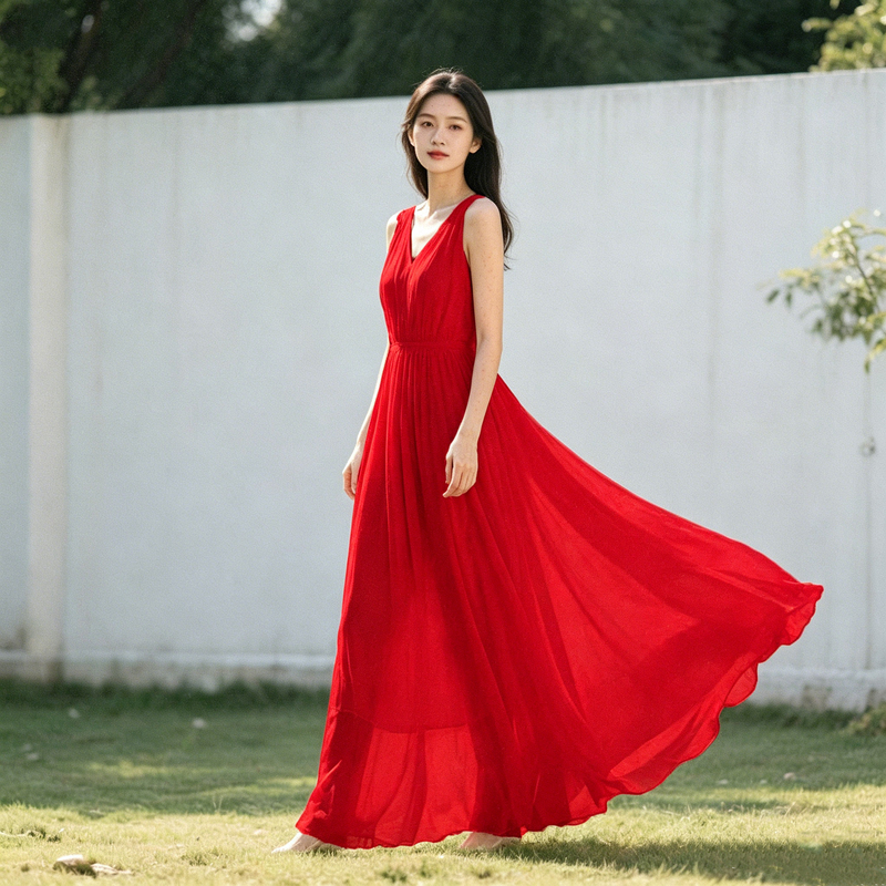 Summer New Style Sleeveless V Neck Chiffon Dress for Women, Slim Fit, Elegant, High Waist, Seaside Beach Vacation Long Dress