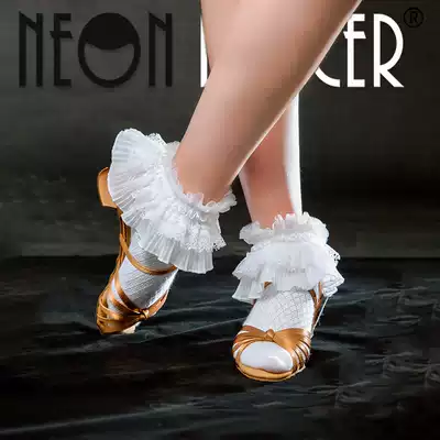 NeonDancer Latin dance new girls lace socks Pure cotton socks Competition examination professional white socks