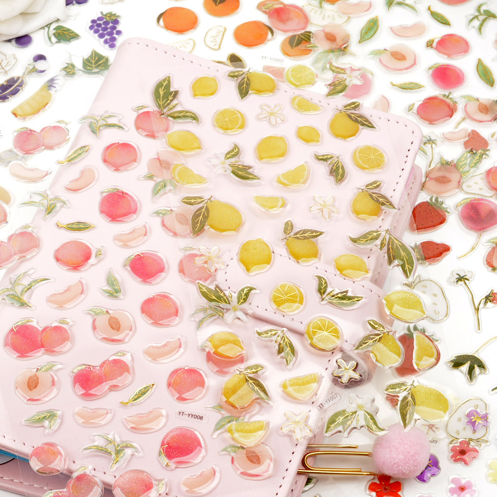 Cute peach strawberry fruit stereo 3D crystal stamping children's handbook diary decorated INS stickers