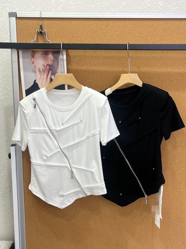 European Goods 2026 Summer New Style Casual Fashion Cool Slim Fit Elastic Zipper Shoulder Pad Short-Sleeved Round Neck T-Shirt 5280