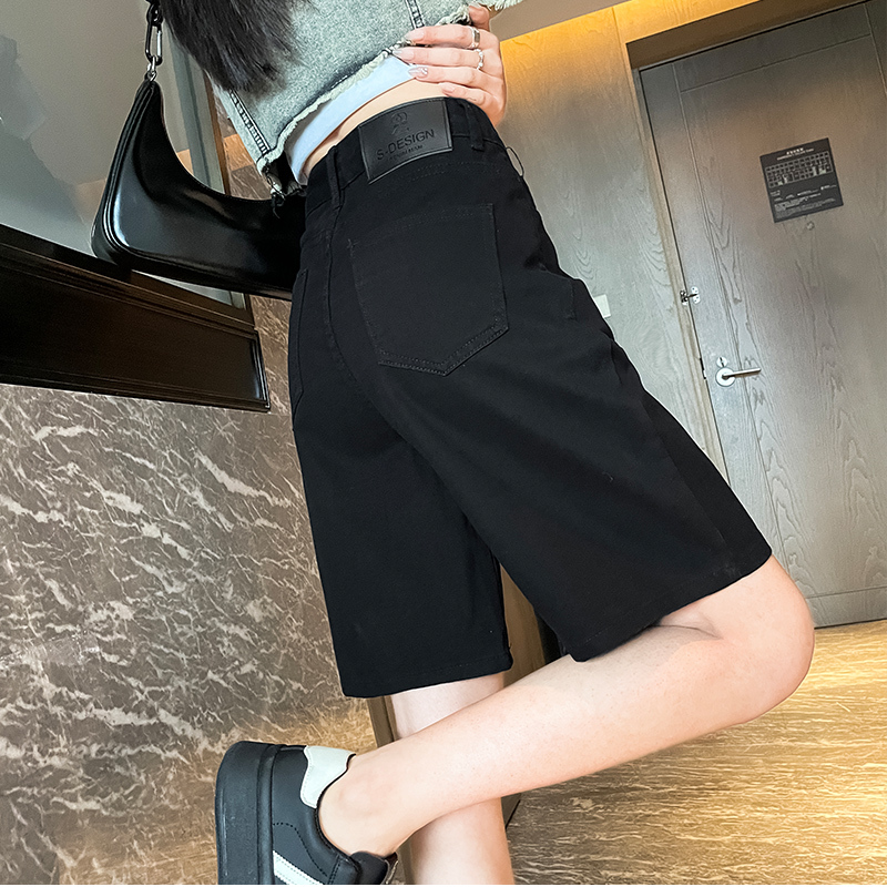 Black Straight-Leg Denim Shorts for Women, Spring, Autumn, and Summer 2026 New Style, High-Waisted, Loose, Wide-Leg, Mid-Length Pants