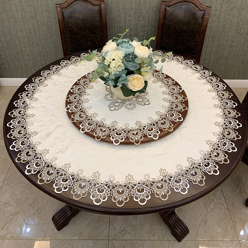Round table cloth Fabric Chinese round lace Household dining table Double-layer turntable tablecloth turntable mat Coffee table tablecloth table mat