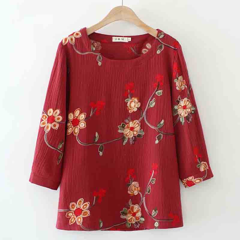 Middle Aged Spring Summer Dress New Gats up overweight Embroidered Flowers 70% Sleeves Cotton blouses middle-aged Mom T-shirt