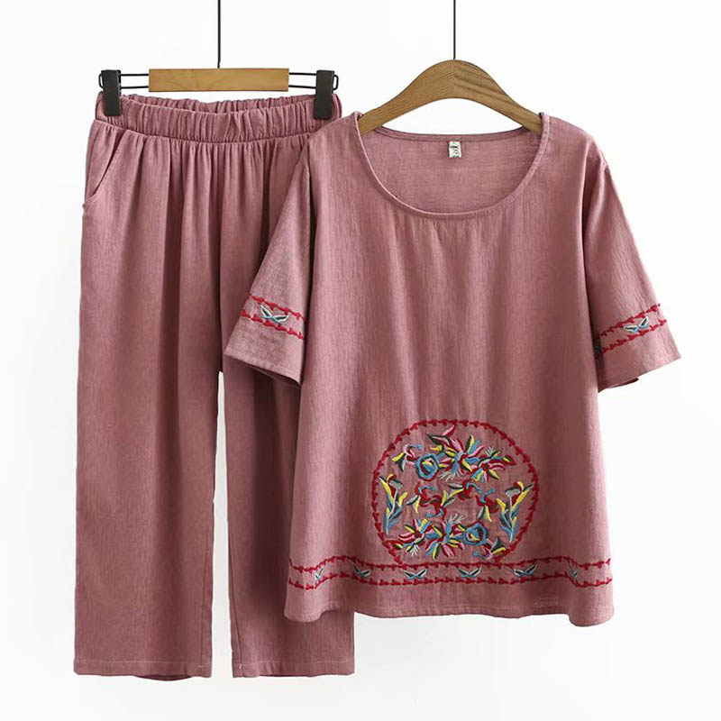 Large size women's summer embroidery T-shirt fat pants fat mommy fashion two pieces of clothes middle-aged and senior Yang Pi suit