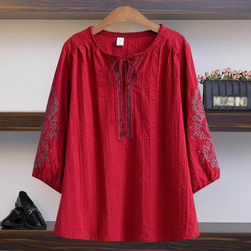 Middle-aged mom tops large size loose women's spring and summer embroidered jacquard cotton fashion middle-aged and elderly T-shirts