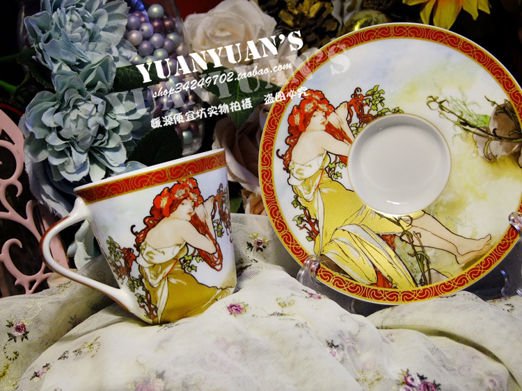 Polish production CARMANI Artist Muscia Alphonse Mucha Summer girl Bone Porcelain Coffee Cup Saucer