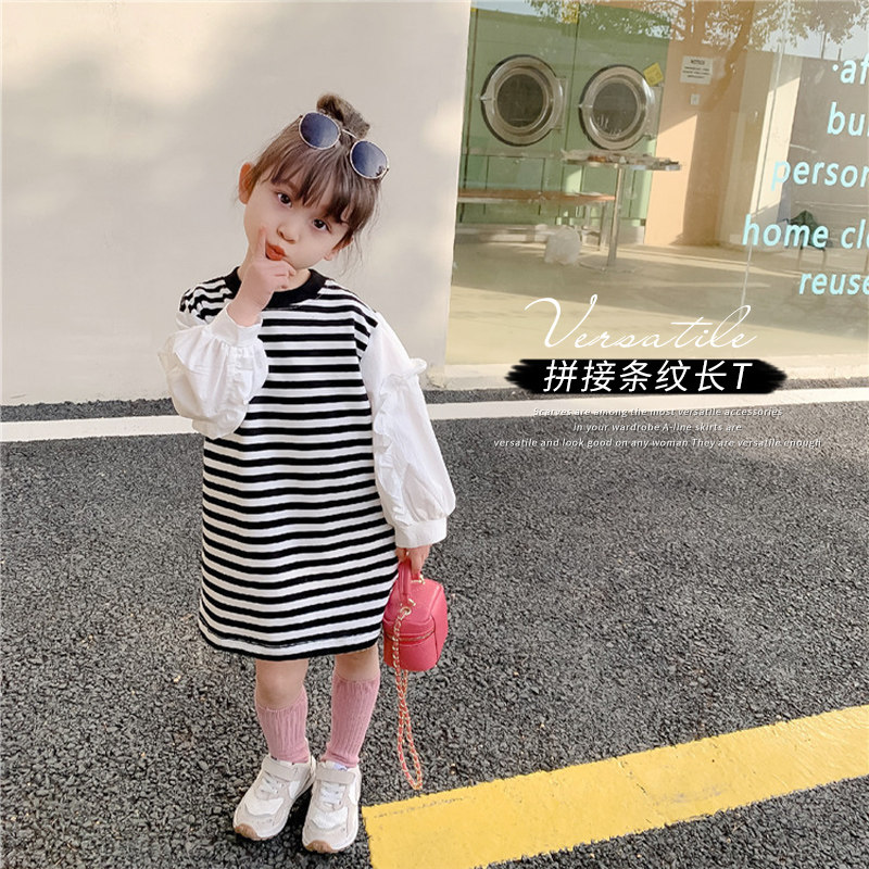 Egg Roll Mm Girl Foreign Dress Spring Fall in Striped Dress Foreign children Korean version trendy spring dress Long sleeves T-shirt