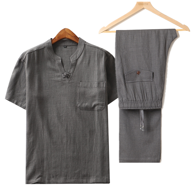 Trung quốc phong cách đàn ông lỏng lẻo kích thước lớn linen Hanfu mùa hè phần mỏng trung niên cha casual cotton ngắn tay áo phù hợp với