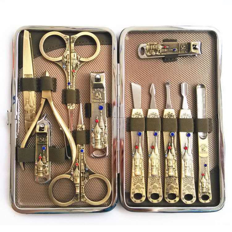 Russian Castle Pattern Nail Set with Diamonds and Bronze 12-Piece Set High-End Imitation Deerskin Nail Clipper Manicure