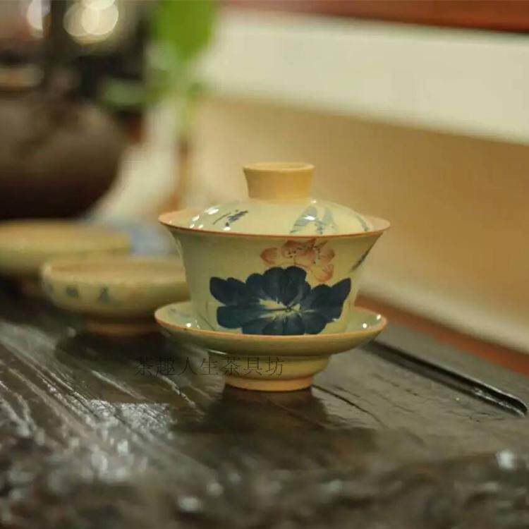 Purple Sand Triple cover Bowl Large Size Retro Coarse Pottery Hand-painted Tea Bowl Tea Cup Ceramic Tea Tea Tea Preparation Tea Cup