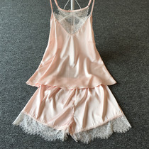 17 New Women summer sexy hollow lace beauty back suspender shorts two small set pajamas home clothes