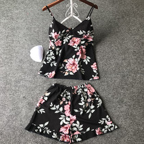 New Korean version of sexy floral suspenders chest pad pajamas women Summer vest shorts cotton two-piece home wear
