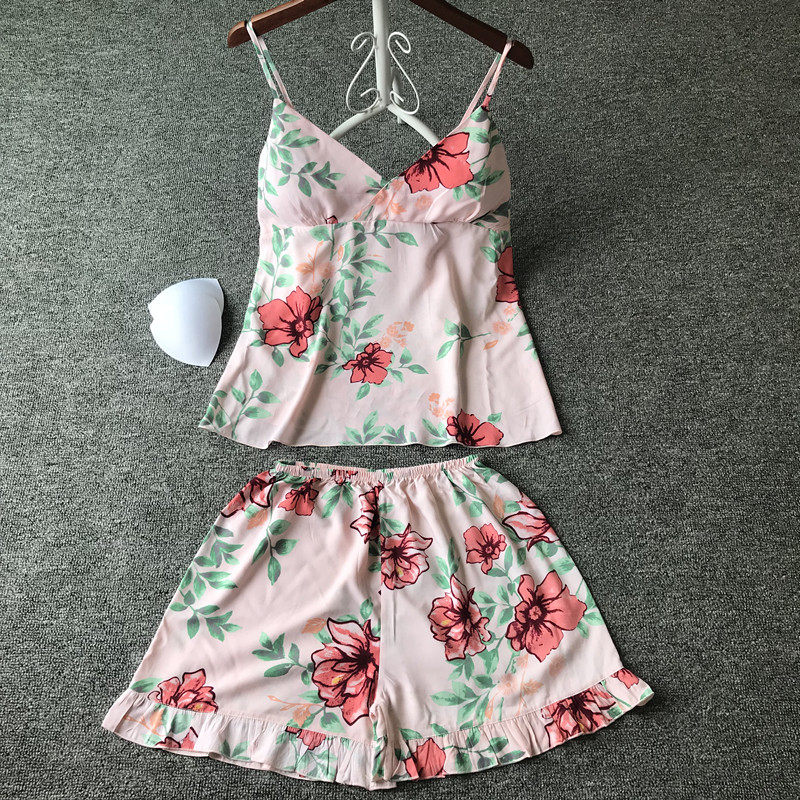 New products Han edition Sexy Broken Flowers Harness Chest Cushion Pyjamas Women's Summer Vest Shorts Pure Cotton Two Sets of Home-Taobao
