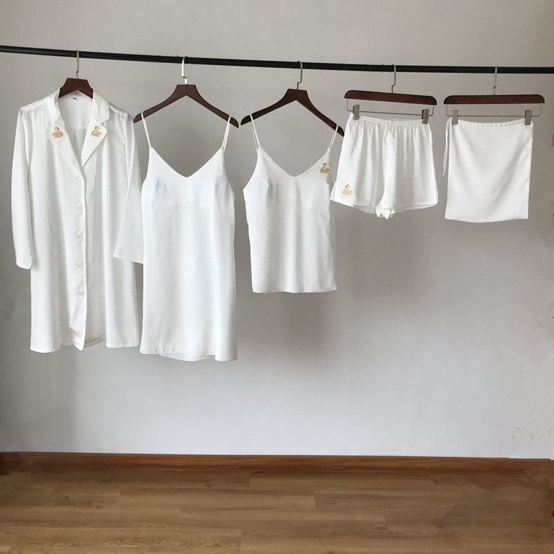Chest cushion five pieces of Korean version silk pyjamas women's spring and summer season sexy harnesses long robes sleeping gowns suit sleeping skirts