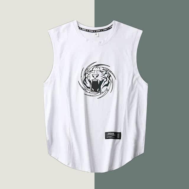 ins trendy personality tiger head print sleeveless T-shirt men's Hong Kong style loose large size casual sweat vest sports vest