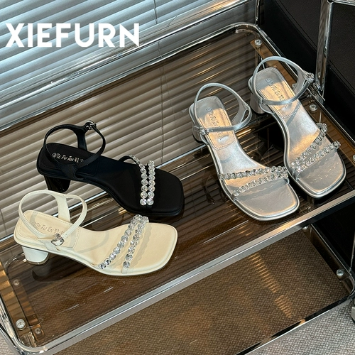 Xiefu/Shoes Lady Othestone Женские сандалии с одной полосой 2025 Новые высокие каблуки квадратный носок высокие каблуки сандалии